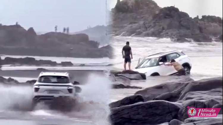 delhi men drive and drown car in goa beach viral video